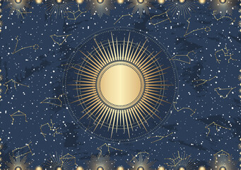 Hand drawn card of golden Sun, sunburst, light rays, stars. Constellation celestial space. Zodiac horoscope symbol, star astrology, astrology sign, icon. Magic space galaxy, vector sketch illustration