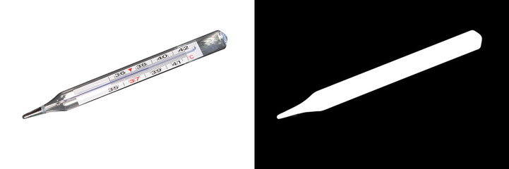 Analog clinical thermometer, mercury free, in degrees centigrade indicating a temperature of 38.5 degrees centigrade. Fever or illness concept. Isolated on white background with clipping mask and path