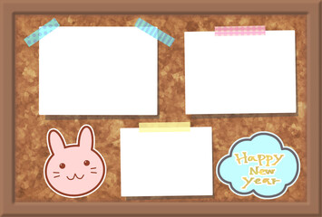 フォト差し込み可能　うさぎ　年賀状素材　文字あり　コルクボード背景	