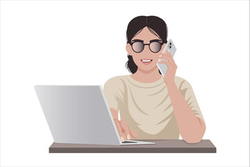 A girl in a beige blouse is talking on the phone while sitting at a laptop. Style without a face, faceless. Vector illustration isolated on white background