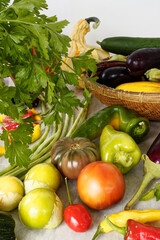 Variety of organic vegetables from own home garden. Home-grown harvest food.