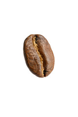 Photo of one coffee bean on white background, roasted bean under macro lens.