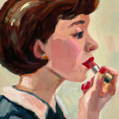 Fototapeta premium Portrait of woman applying red lipstick. 