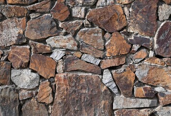 Fondo con detalle y textura de pared con aplacado de piedras rusticas en tonos marrones y grises