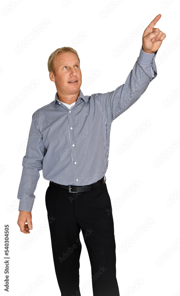 Wall mural gesture series: manager points upwards symbolically with his index finger.