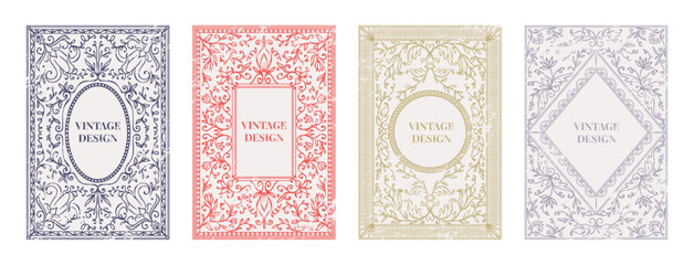 Old antique borders, apothecary pattern. Retro paper with floral ornament, postage certificate. Leaves and flowers texture, cover template, botanical cards design. Vector design illustration