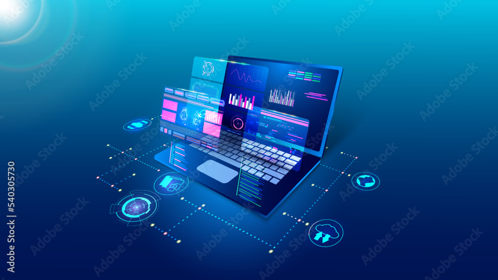 Fototapete Software technology, digital program develop. Laptop api code, web application, computer monitor interface. Analysis and processing of information. Vector creative background