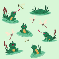 Cartoon frog. Green toad in different poses, sitting on water lily, catching dragonfly, wild amphibian. Funny happy froglet collection, happy cute character. Vector isolated illustration