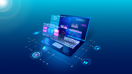 Software technology, digital program develop. Laptop api code, web application, computer monitor interface. Analysis and processing of information. Vector creative background