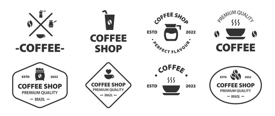 Coffee logo, cafe stamp, hot beverage label. Circle cup, barista mug shop, vintage seal emblem, retro cafeteria. express takeaway drink. Logotype template. Vector design illustration