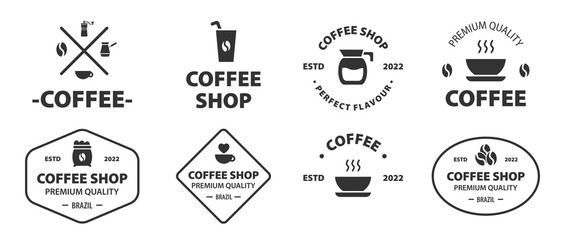 Obraz premium Coffee logo, cafe stamp, hot beverage label. Circle cup, barista mug shop, vintage seal emblem, retro cafeteria. express takeaway drink. Logotype template. Vector design illustration