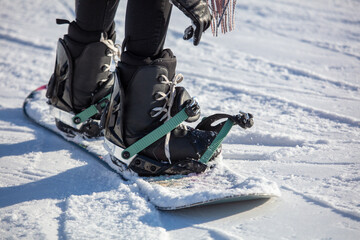 A woman fastens her snowboard with her boots on the snow.