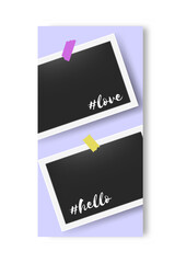 Social media editable story frames. Blank photos. Photographs attached to adhesive tape. Colorful templates set for network with copy space. Vector snapshot vertical web banner design