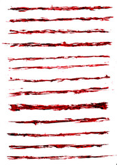 Set of red wax crayon and brush strokes isolated on white background, Vector hand painting brush texture design elements