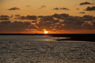 Sunset, birds, sun and clouds in Kijkduin, Den Haag, Netherlands. NL.