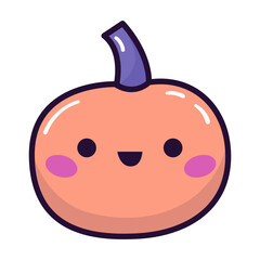 Halloween pumpkin with cute face. Kawaii cartoon character. Hand drawn food. Vector illustration.