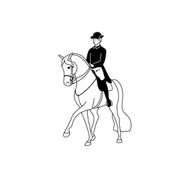 Classic dressage, a rider on a horse performs the half pass, black and white vector illustration