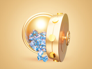 Open safe with diamonds 3d rendering illustration