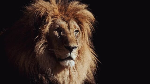 Portrait of a Beautiful lion, lion in dark. Slow motion video