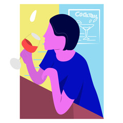 woman drinking wine at the bar aesthetic flat illustration vector perfect for banner