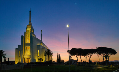 Naklejka premium The baroque revival styled Rome Italy Temple mormon church in Rome at dusk