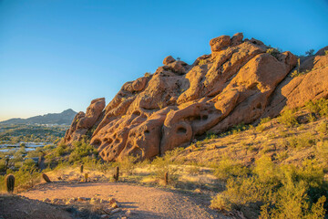 Phoenix, Arizona- View of a rock formation near the cliff at Camelback Mountain during golden hour