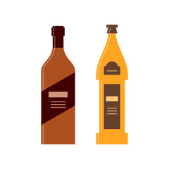 Bottle of whiskey and beer. Great design for any purposes. Icon bottle with cap and label. Flat style. Color form. Party drink concept. Simple image shape