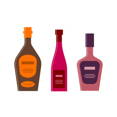 Set bottles of brandy, red wine, liquor. Great design for any purposes. Icon bottle with cap and label. Flat style. Color form. Party drink concept. Simple image shape