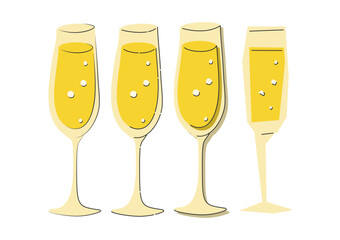 Champagne wineglass on white background. Cartoon sketch graphic design. Doodle style. Colored hand drawn image. Party drink concept for restaurant, cafe, party. Freehand drawing style