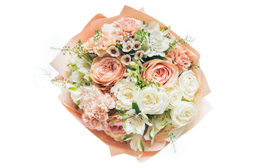 Bouquet of flowers isolated on white background. Beautiful flowers for valentines and wedding scene. Valentines and 8 March Mother Women's Day concept.