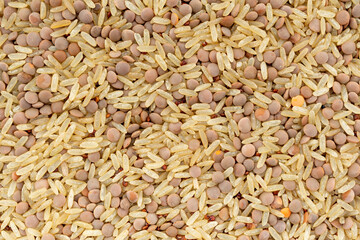 Top view of rice and lentils dry food mix