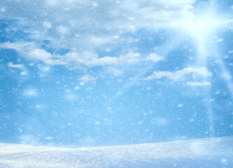Empty wood flooring on blurred winter background. Empty space for Your object. backdrop, layout of the table with snow.