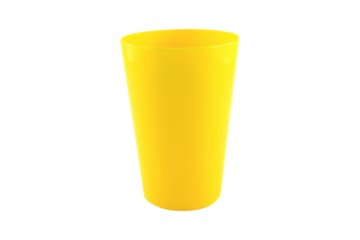 yellow plastic cup isolated on white background.
