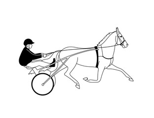 Black and white outline illustration of jockey and trotter, move forward at a wide trot