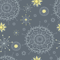 Stylish christmas  seamless pattern with snowflakes. Elegant repeat vector New Year background. Vintage style. Blue, yellow color. Suitable for packaging, wallpaper web-design, graphic design, card
