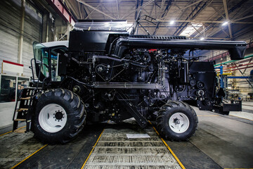 New assembled modern agricultural harvester in the factory