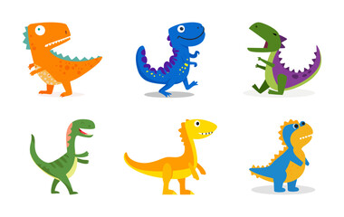 Cartoon dinosaur set. Collection of cute dinosaur icons. Flat vector illustration isolated on white background.