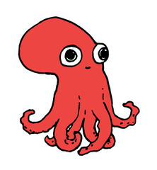 a red octopus with big eyes, a children's marine isolated character with a black outline and tentacles on white