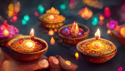 Obraz na płótnie Canvas Happy Diwali - Clay Diya lamps lit during Dipavali, Hindu festival of lights celebration. Colorful traditional oil lamp diya on purple background