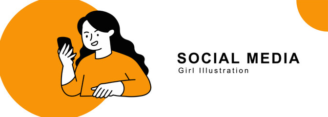 Cute woman character in social media theme for banner template design