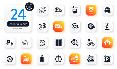 Set of Transportation flat icons. Flight insurance, Return package and Truck parking elements for web application. Ferris wheel, Travel compass, Delivery time icons. Baggage reclaim. Vector