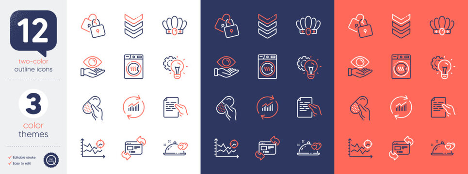 Set of Idea gear, Update data and Seo analysis line icons. Include Romantic dinner, Health eye, Crown icons. Locks, Shoulder strap, Dryer machine web elements. Capsule pill. Vector