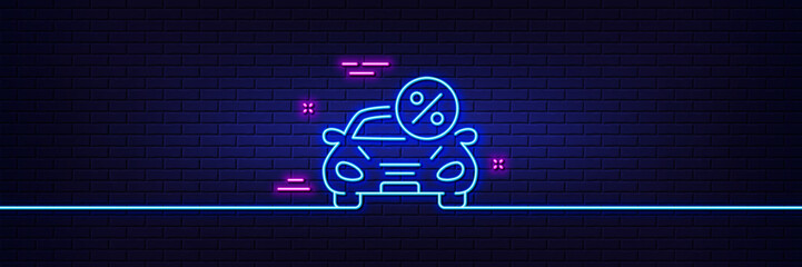 Neon light glow effect. Car leasing percent line icon. Transport loan sign. Credit percentage symbol. 3d line neon glow icon. Brick wall banner. Car leasing outline. Vector - obrazy, fototapety, plakaty