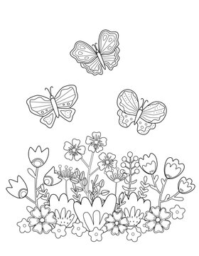 Simple kids coloring book with cute flowers and butterfly. Vector illustration with elementary outline, silhouette of plants, editable stroke