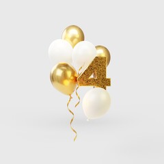 Solemn illustration with balloons and number four. Template with golden inflatable balloons for postcard background. 3d rendering.