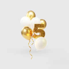 Solemn illustration with balloons and number five. Template with golden inflatable balloons for postcard background. 3d rendering.