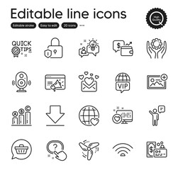 Set of Technology outline icons. Contains icons as Agent, Add photo and Quick tips elements. International love, Speaker, Idea web signs. Downloading, Lock, Card elements. Employee hand. Vector