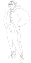 Fashion line drawing illustration with elegant woman in jacket