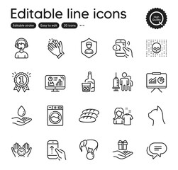 Set of Business outline icons. Contains icons as Whiskey glass, Bread and Swipe up elements. Text message, Medical vaccination, Presentation web signs. Pets care, Elephant on ball. Vector