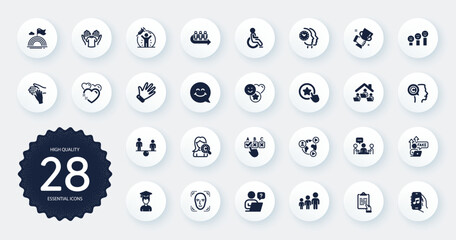 Set of People icons, such as Heart, Customer satisfaction and Vaccine protection flat icons. Loyalty star, Online question, Video conference web elements. Time management, Fake internet. Vector